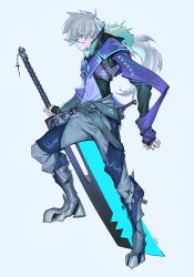 Rule 34 | absurdres, armor, black gloves, blue background, blue eyes, breastplate, chain, closed mouth, fantasy, fingerless gloves, gloves, greaves, grey hair, highres, holding, holding sword, holding weapon, long hair, original, panko (drive co), ponytail, scar, scar on face, signature, simple background, sword, weapon