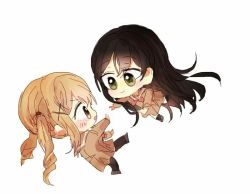 Rule 34 | 2girls, bang dream!, black hair, black legwear, blonde hair, blush, bow, bowtie, brown dress, brown eyes, chibi, commentary request, dress, falling, green eyes, hair ornament, hanasakigawa school uniform, hanazono tae, ichigaya arisa, long hair, long sleeves, looking at another, men (aoduss), multiple girls, outstretched arms, pantyhose, red neckwear, sailor dress, school uniform, simple background, smile, spread arms, twintails, very long hair, white background, x hair ornament