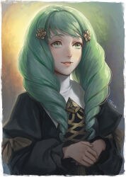 Rule 34 | 1girl, artist name, black dress, commentary, dress, drill hair, english commentary, fire emblem, fire emblem: three houses, flayn (fire emblem), garreg mach monastery uniform, green eyes, green hair, grin, hair ornament, highres, juliet sleeves, kazuko (towa), lips, long hair, long sleeves, nintendo, own hands together, parted lips, pink lips, puffy sleeves, smile, solo, swept bangs, twin drills, uniform