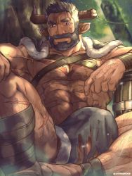 Rule 34 | 1boy, abs, arm hair, bara, beard, broken horn, bulge, cape, chest hair, chest harness, chinese zodiac, cow horns, dark-skinned male, dark skin, draph, facial hair, feet out of frame, fur-trimmed cape, fur trim, granblue fantasy, hairy, harness, highres, horns, knee up, leg hair, loincloth, male focus, mature male, muscular, muscular male, mustache, navel, navel hair, nipples, old, old man, onionworkshop, original, pectoral cleavage, pectorals, pointy ears, red eyes, scar, scar across eye, scar on face, short hair, sidepec, solo, spread legs, stomach, thighs, torn clothes, year of the ox