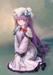 Rule 34 | 1girl, blunt bangs, bow, breasts, capelet, closed mouth, dress, expressionless, full body, grey background, hair bow, hair ribbon, hat, highres, light blush, long hair, long sleeves, looking to the side, medium breasts, mob cap, patchouli knowledge, purple eyes, purple hair, red bow, reddizen, ribbon, sidelocks, simple background, sitting, solo, striped clothes, striped dress, touhou, tress ribbon, very long hair, yokozuwari