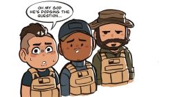 Rule 34 | . ., 3boys, :o, beard, beard stubble, blush stickers, call of duty, call of duty: modern warfare 2, captain price, captoraart, chibi, cropped torso, dark-skinned male, dark skin, english text, facial hair, furrowed brow, gaz (call of duty 4), jitome, looking at viewer, male focus, mature male, multiple boys, mustache, mustache stubble, nervous sweating, short hair, sideburns, soap (modern warfare 2), stubble, sweat