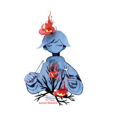 Rule 34 | 1boy, artist name, fire, fork, half-closed eyes, knife, long sleeves, male focus, maruti bitamin, nail polish, no mouth, no nose, one eye closed, original, painting (medium), pink nails, plate, red eyes, short hair, simple background, solo, traditional media, upper body, watercolor (medium), white background