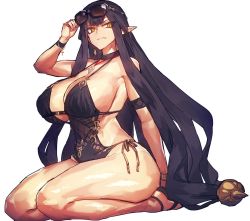 Rule 34 | 1girl, armband, bare shoulders, black hair, black one-piece swimsuit, breasts, cleavage, eyewear on head, fate/apocrypha, fate (series), hair between eyes, huge breasts, jewelry, long hair, looking at viewer, melon22, navel, necklace, one-piece swimsuit, pointy ears, sandals, seiza, semiramis (fate), simple background, sitting, solo, sunglasses, swimsuit, thighs, very long hair, white background, yellow eyes