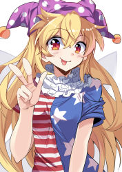 Rule 34 | 1girl, american flag dress, blonde hair, clownpiece, e.o., fairy wings, hair between eyes, hat, highres, jester cap, long hair, looking at viewer, neck ruff, polka dot, red eyes, short sleeves, simple background, smile, solo, star (symbol), star print, striped, touhou, upper body, v, very long hair, white background, wings