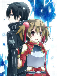 Rule 34 | 10s, 1boy, 1girl, armor, black eyes, black hair, breastplate, brown hair, clothes pull, fingerless gloves, gloves, highres, keita (tundereyuina), kirito, red eyes, shirt pull, short twintails, silica, sword art online, twintails