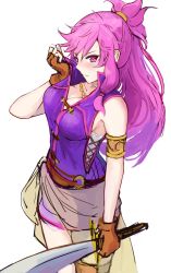 Rule 34 | 1girl, armlet, bare shoulders, blush, breasts, cleavage, clothes pull, commentary, english commentary, fingerless gloves, fire emblem, fire emblem: the sacred stones, from above, gloves, highres, holding, holding sword, holding weapon, ippers, large breasts, long hair, looking at viewer, marisa (fire emblem), nintendo, pink eyes, pink hair, ponytail, purple eyes, purple hair, purple shirt, shirt, shirt pull, skirt, sleeveless, sleeveless shirt, solo, standing, sword, thigh strap, thighlet, unfinished, weapon