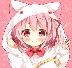 Rule 34 | 1girl, :3, animal hood, bow, cosplay, fang, fang out, gau (n00 shi), hood, kaname madoka, kyubey, kyubey (cosplay), long sleeves, looking at viewer, mahou shoujo madoka magica, mahou shoujo madoka magica (anime), pink eyes, pink hair, red bow, red eyes, short twintails, smile, solo, twintails, upper body, v