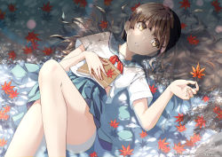 Rule 34 | 1girl, autumn leaves, bare arms, bare legs, blue sailor collar, blue skirt, book, brown eyes, brown hair, commentary request, facing viewer, feet out of frame, hair spread out, highres, holding, holding leaf, knee up, leaf, long hair, looking at viewer, lying, maple leaf, on back, open book, open mouth, original, pleated skirt, raiz art works, resolution mismatch, sailor collar, school uniform, serafuku, shirt, short sleeves, skirt, solo, source larger, uniform, water, white shirt