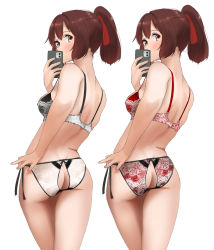 Rule 34 | 1girl, ass, ass cutout, bare arms, bare legs, bare shoulders, blush, bra, breasts, brown eyes, brown hair, butt crack, cellphone, clothing cutout, commentary request, commission, hair ribbon, highres, holding, holding phone, ise (kancolle), kantai collection, large breasts, looking at viewer, looking back, multiple views, panties, phone, pixiv commission, ponytail, ribbon, selfie, side-tie panties, simple background, smartphone, tama (tamago), underwear, underwear only, white background