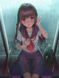 Rule 34 | 1girl, absurdres, bag, bench, blue skirt, blush, brown eyes, brown hair, clenched hand, collarbone, commentary request, hand in own hair, highres, indoors, kabu (niniko2ko), legs together, looking at viewer, open mouth, original, pleated skirt, rain, red ribbon, ribbon, sailor collar, school bag, school uniform, see-through, serafuku, shirt, sitting, skirt, solo, water drop, wet, wet clothes, white shirt, window