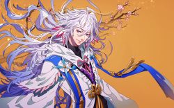 Rule 34 | bishounen, branch, brown background, closed mouth, commentary request, fate/grand order, fate (series), flower, hair between eyes, highres, long hair, looking at viewer, male focus, merlin (fate/stay night), multicolored clothes, purple eyes, purple hair, ribbon hair, solo, tenobe, tree