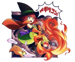 Rule 34 | 1girl, bad id, bad pixiv id, black footwear, black hat, boots, cape, dragon quest, dragon quest iii, dress, fang, feathers, gloves, green dress, hat, holding, holding staff, mage (dq3), mawaru (mawaru), open mouth, orange cape, orange gloves, red hair, red legwear, short hair, solo, staff, swept bangs, v-shaped eyebrows, wizard hat
