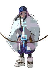 Rule 34 | 1girl, ainu, ainu clothes, asirpa, bandana, black hair, black pants, blue bandana, blue eyes, boots, bow (weapon), cape, drawing bow, earrings, full body, fur cape, golden kamuy, highres, holding bow (weapon), hoop earrings, jewelry, jo (kzzsnsk 9), long hair, long sleeves, looking at viewer, medium hair, pants, simple background, solo, text focus, translation request, weapon, white background, white cape, white footwear