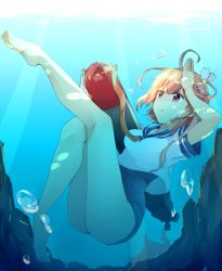 Rule 34 | 10s, 1girl, ahoge, air bubble, barefoot, bubble, freediving, gradient background, hair ornament, holding breath, i-58 (kancolle), kantai collection, long legs, one-piece swimsuit, pink hair, red eyes, school swimsuit, school uniform, serafuku, short hair, solo, swimming, swimsuit, swimsuit under clothes, torpedo, tousei, type 95 torpedo, underwater