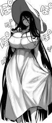 Rule 34 | 2channel, black hair, breasts, cleavage, dress, greyscale, hasshaku-sama, hat, highres, huge breasts, lips, long hair, mole, mole on breast, mole under mouth, monochrome, simple background, sundress, takatsuki ichi, tall female, white background