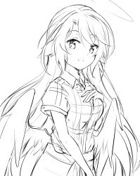 Rule 34 | 1girl, angel wings, breasts, closed mouth, spiked halo, feathered wings, greyscale, halo, ikasoke (likerm6au), jibril (no game no life), long hair, looking at viewer, low wings, magic circle, medium breasts, monochrome, no game no life, plaid, plaid shirt, shirt, sketch, smile, solo, very long hair, waitress, wing ears, wings