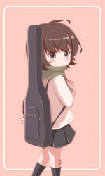 Rule 34 | 1girl, bandaid, bandaid on knee, bandaid on leg, bemani, black skirt, black socks, blush, brown background, brown eyes, brown hair, brown scarf, closed mouth, commentary request, feet out of frame, fringe trim, from behind, goth risuto, highres, instrument case, kino anzu, kneehighs, long sleeves, looking at viewer, looking back, pleated skirt, puffy long sleeves, puffy sleeves, revision, scarf, shirt, simple background, skirt, socks, solo, sound voltex, standing, white shirt