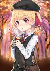 Rule 34 | 1girl, autumn, bag, black hat, black skirt, blonde hair, blowing, buttons, food, forest, hair ribbon, hat, highres, holding, holding food, long sleeves, nature, neck ribbon, outdoors, red eyes, red ribbon, ribbon, rumia, shoulder bag, skirt, skirt set, solo, sweet potato, touhou, tree, vest, wowoguni