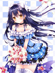 Rule 34 | 10s, 1girl, bare shoulders, blue hair, bouquet, bow, checkered background, collarbone, dress, earrings, flower, frilled dress, frills, hair bow, jewelry, kira-kira sensation!, love live!, love live! school idol project, neck ring, nogi takayoshi, smile, solo, sonoda umi, thighhighs, white thighhighs, yellow eyes, zettai ryouiki