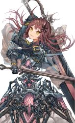 Rule 34 | 1girl, brown hair, datsuyuru, dual wielding, fantasy, hair ornament, highres, holding, holding sword, holding weapon, long hair, mecha musume, original, parted lips, simple background, smile, solo, sword, twintails, weapon, white background, yandere, yellow eyes