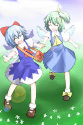 Rule 34 | 2girls, bag, blue eyes, blue hair, bow, cirno, cloud, daiyousei, dress, closed eyes, flower, grass, green hair, hair bow, holding hands, hiro (pqtks113), laughing, multiple girls, pointing, ribbon, shoes, short hair, side ponytail, sky, socks, touhou, wings