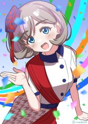 Rule 34 | 1girl, absurdres, artist name, belt, beret, blue belt, blue eyes, blue hat, blush, buttons, commentary, confetti, double-breasted, grey hair, hat, highres, looking at viewer, love live!, love live! superstar!!, multicolored background, multicolored hair, open mouth, red skirt, rinon42600, shirt, short hair, short sleeves, skirt, solo, start!! true dreams (love live!), tang keke, tilted headwear, twitter username, two-tone skirt, upper body, white shirt
