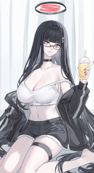 Rule 34 | 1girl, absurdres, black-framed eyewear, black hair, black shorts, blue archive, breasts, camisole, cleavage, closed mouth, collarbone, drink, drinking straw, echj, glasses, hair between eyes, hair ornament, hairpin, halo, highres, holding, holding drink, large breasts, long hair, nail polish, navel, red eyes, rio (blue archive), shorts, solo, thigh strap, white camisole