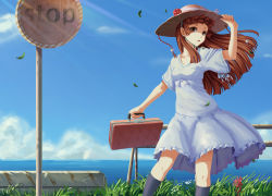 Rule 34 | 1girl, bad id, bad pixiv id, blue sky, briefcase, brown eyes, brown hair, bus stop, chong wuxin, cloud, cowboy shot, day, dress, female focus, flower, grass, hat, highres, horizon, light rays, looking at viewer, ocean, original, outdoors, road sign, sign, sky, solo, standing, stop sign, sun hat, sunbeam, sundress, sunlight, water, wind