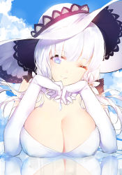 Rule 34 | 1girl, ;), absurdres, azur lane, blue eyes, blue sky, breasts, cleavage, cloud, cloudy sky, day, dress, elbow gloves, gloves, hat, head rest, highres, horz, illustrious (azur lane), jewelry, large breasts, lipstick, makeup, necklace, one eye closed, painttool sai, pendant, reflection, sky, smile, solo, sun hat, white gloves, white hair, white hat