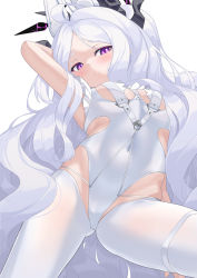 Rule 34 | 1girl, ahoge, arm behind head, armpits, arms up, azur lane, blue archive, breasts, cosplay, covered navel, crotchless, crotchless pantyhose, from below, gluteal fold, groin, highleg, highleg leotard, highres, hina (blue archive), horns, kido airaku, le malin (azur lane), le malin (azur lane) (cosplay), le malin (listless lapin) (azur lane), le malin (listless lapin) (azur lane) (cosplay), leotard, long hair, looking at viewer, looking down, panties, pantyhose, pink eyes, playboy bunny, small breasts, solo, thigh strap, thighs, underwear, very long hair, white hair, white leotard, white panties