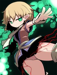Rule 34 | 1girl, arm warmers, blonde hair, dutch angle, green eyes, hakika, looking at viewer, mizuhashi parsee, outstretched arm, panties, pantyshot, pointy ears, scarf, shirt, short hair, short sleeves, skirt, solo, thick thighs, thighs, touhou, underwear, upskirt