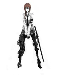 Rule 34 | 1girl, amputee, artist request, cyborg, dress shirt, female focus, full body, gun, highres, military, original, partially colored, prosthesis, prosthetic leg, science fiction, shirt, simple background, solo, weapon, white background