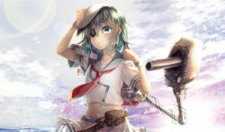 Rule 34 | 10s, 1girl, bad id, bad pixiv id, clenched hand, cloud, cloudy sky, collarbone, day, eyepatch, green eyes, green hair, hand on headwear, hat, highres, kantai collection, kiso (kancolle), machinery, matching hair/eyes, navel, school uniform, serafuku, short hair, sky, smile, solo, turret, yuihira asu