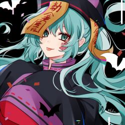 1girl akimoto_rie aqua_eyes aqua_hair bat_(animal) black_background chinese_clothes commentary_request confetti facial_mark floating_hair hatsune_miku highres jiangshi long_hair looking_at_viewer signature sleeves_past_wrists solo talisman tongue tongue_out twintails upper_body very_long_hair vocaloid