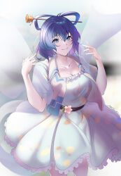 Rule 34 | 1girl, absurdres, belt, blue dress, blue eyes, blue hair, breasts, cleavage, dress, flower, frilled dress, frills, hair ornament, hair rings, hair stick, hands up, highres, kaku seiga, large breasts, looking at viewer, short sleeves, solo, standing, touhou, vest, yujin (kanouyuuto-0423)