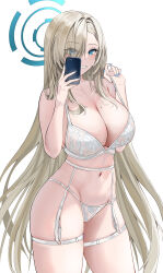 Rule 34 | 1girl, absurdres, asuna (blue archive), bare shoulders, blue archive, blue eyes, blush, bow, bra, breasts, cellphone, cleavage, dlnk, hair over one eye, halo, highres, large breasts, lingerie, long hair, looking at viewer, mole, mole on breast, panties, phone, smartphone, smile, solo, underwear, underwear only, white bra, white panties