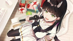Rule 34 | 1girl, absurdres, black choker, black hair, black pantyhose, blunt bangs, box, chair, choker, commission, ear piercing, from above, gaming chair, gift, gift box, green eyes, hair behind ear, highres, holding, holding microphone, horns, ibaraki shun, indie virtual youtuber, keyboard (computer), long hair, looking at viewer, microphone, open mouth, pantyhose, piercing, pleated skirt, sitting, skeb commission, skirt, solo, sudama chitose, swivel chair, virtual youtuber