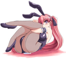 Rule 34 | 1girl, animal ears, armband, ass, bare shoulders, blush, breasts, rabbit ears, rabbit tail, playboy bunny, detached collar, fake animal ears, female focus, fishnet pantyhose, fishnets, glasses, high heels, large breasts, legs up, leotard, log-mi (tonpuu), long hair, looking at viewer, original, pantyhose, pink hair, ponytail, purple eyes, shoes, solo, tail, tonpuu, very long hair, wrist cuffs