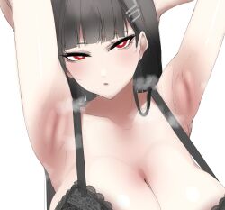 Rule 34 | 1girl, aizawa marimo, armpits, arms up, black hair, blue archive, breasts, bright pupils, cleavage, collarbone, hair ornament, hairclip, highres, large breasts, long hair, looking at viewer, parted lips, red eyes, rio (blue archive), simple background, solo, white background, white pupils
