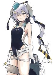 Rule 34 | 1girl, aqua hat, black one-piece swimsuit, black ribbon, candy, competition swimsuit, food, garrison cap, gloves, grey eyes, grey hair, hair ornament, hair ribbon, hat, highleg, highleg swimsuit, highres, holding, holding candy, holding food, kantai collection, long hair, ma rukan, one-piece swimsuit, ribbon, scamp (kancolle), short shorts, shorts, side ponytail, simple background, smile, solo, star (symbol), star hair ornament, swimsuit, white background, white gloves, white shorts