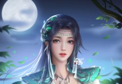 Rule 34 | 1girl, absurdres, armor, black hair, branch, collar, doupo cangqiong, earrings, falling leaves, hair ornament, highres, jewelry, leaf, long hair, moon, night, open mouth, portrait, solo, tassel, tassel earrings, teeth, xie ling, yun yun (doupo cangqiong)