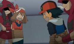 2boys 2girls ash_ketchum bound captured cartman978 commentary creatures_(company) english_commentary gagged game_freak hat jacket may_(pokemon) multiple_boys multiple_girls nintendo pokemon pokemon_(anime) pokemon_rse_(anime) restrained self-upload team_magma team_magma_grunt team_magma_uniform tied_up_(nonsexual)