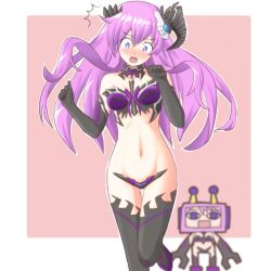 Rule 34 | 10s, 1girl, ^^^, atair, blue eyes, blush, dark persona, embarrassed, hair ornament, horns, long hair, navel, nepgear, nepgyaa, nepnep connect: chaos chanpuru, neptune (series), open mouth, purple hair, purple sister, purple sister (chaos form), solo