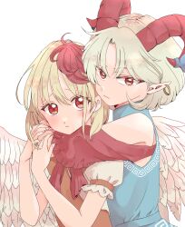Rule 34 | 2girls, absurdres, blonde hair, blue ribbon, closed mouth, commentary request, curled horns, earrings, highres, horn ornament, horn ribbon, horns, hug, jewelry, looking at viewer, multicolored hair, multiple girls, niwatari kutaka, pointy ears, red eyes, red hair, red horns, red sleeves, ribbon, short hair, short sleeves, shouko (airen), simple background, touhou, toutetsu yuuma, two-tone hair, upper body, white background, white hair, wings