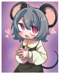 Rule 34 | 1girl, @ @, animal ears, blush, border, commentary request, cookie (touhou), cowboy shot, dress, grey dress, grey hair, hair between eyes, highres, long sleeves, looking at viewer, medium bangs, melanin shikiso, mouse ears, mouse girl, mouse tail, nazrin, nyon (cookie), open mouth, purple background, red eyes, shirt, short hair, sleeveless, sleeveless dress, smile, solo, tail, touhou, white border, white shirt