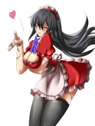Rule 34 | 1girl, alternate costume, apron, black hair, black thighhighs, blowing kiss, blush, breast hold, breasts, brown eyes, cleavage, enmaided, highres, large breasts, leaning forward, long hair, m.u.g.e.n, maid, maid apron, maid headdress, one eye closed, original, samuimu, scar, sendai hakurei no miko, solo, thighhighs, touhou, transparent background, waist apron, white background, wink