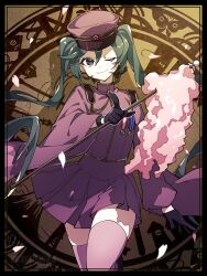 Rule 34 | 1girl, absurdres, alternate hair color, black border, black gloves, border, cherry blossoms, closed mouth, coat, collared coat, commentary, falling petals, floral print, gloves, gohei, gold trim, green hair, grey eyes, hair between eyes, hat, hatsune miku, highres, japanese clothes, long hair, long sleeves, looking at viewer, medal, military, military uniform, odd (miyoru), official alternate costume, one eye closed, oonusa, outline, peaked cap, petals, pink coat, pink skirt, pink thighhighs, pleated skirt, pointing, pointing at viewer, sakuramon, senbon-zakura (vocaloid), shadow, skirt, smile, solo, thighhighs, twintails, uniform, very long hair, vocaloid, walking, white outline, wide sleeves, zettai ryouiki