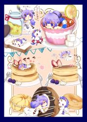 Rule 34 | 1girl, absurdres, ahoge, azur lane, barefoot, black bow, black ribbon, blueberry, blush, bow, bread, bread slice, chibi, commentary request, cream, criss-cross halter, cup, dessert, detached sleeves, doughnut, dress, eating, food, fork, french cruller, fruit, hair bun, hair ribbon, halterneck, highres, holding, holding spoon, in container, in cup, jar, knife, lifebuoy, long hair, long sleeves, multiple views, no shoes, okura00, one side up, pancake, pancake stack, parted lips, pennant, plate, profile, purple eyes, purple hair, ribbon, saucer, side bun, single hair bun, single side bun, sleeves past wrists, soles, spoon, strawberry, string of flags, stuffed animal, stuffed toy, stuffed winged unicorn, sugar cube, swim ring, tea, teacup, thighhighs, translation request, unicorn (azur lane), very long hair, white dress, white sleeves, white thighhighs