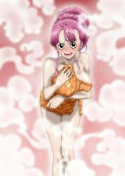 Rule 34 | 1girl, absurdres, black eyes, blush, breasts, completely nude, covering privates, covering breasts, embarrassed, female focus, game cg, highres, large breasts, long hair, looking at viewer, naked towel, nel-zel formula, nude, one piece, perona, pink hair, shiny skin, simple background, steam, sweat, towel, very long hair, wet